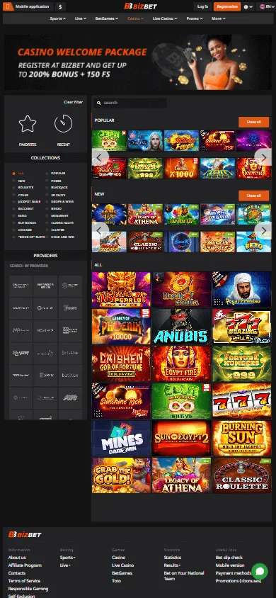 BizBet Casino games area on a mobile screen