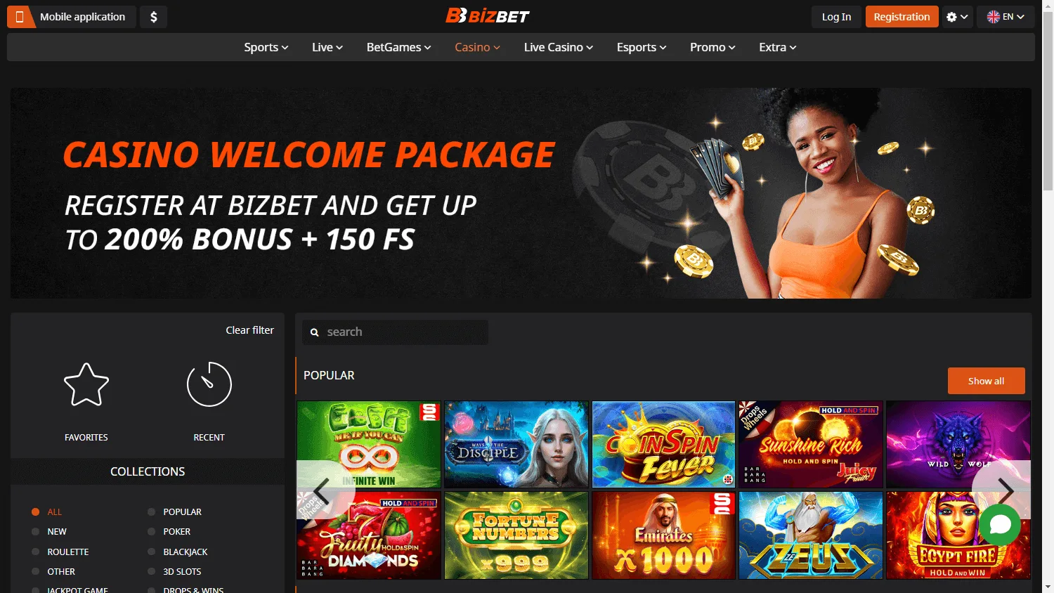 BizBet Casino games area on a desktop screen