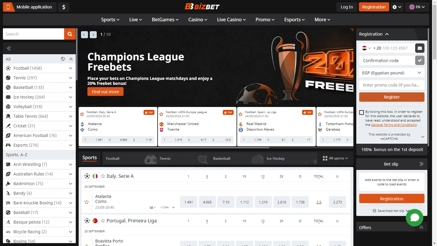 BizBet Casino home page on a desktop screen
