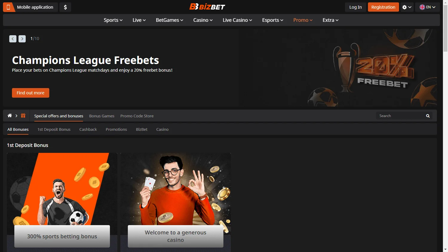 BizBet Casino promotions area on a desktop screen